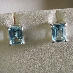 NEW! Blue Topaz Emerald Cut Delicate Pierced Earrings in Sterling Silver 925